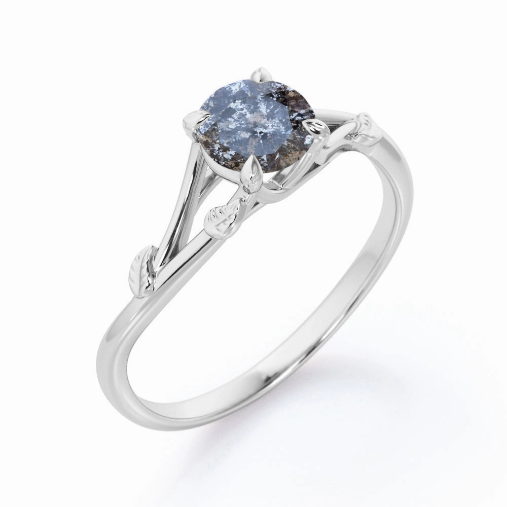 Daily Detail 0.33 Ct Round Cut Salt and Pepper Diamond Leaf Engagement Ring
