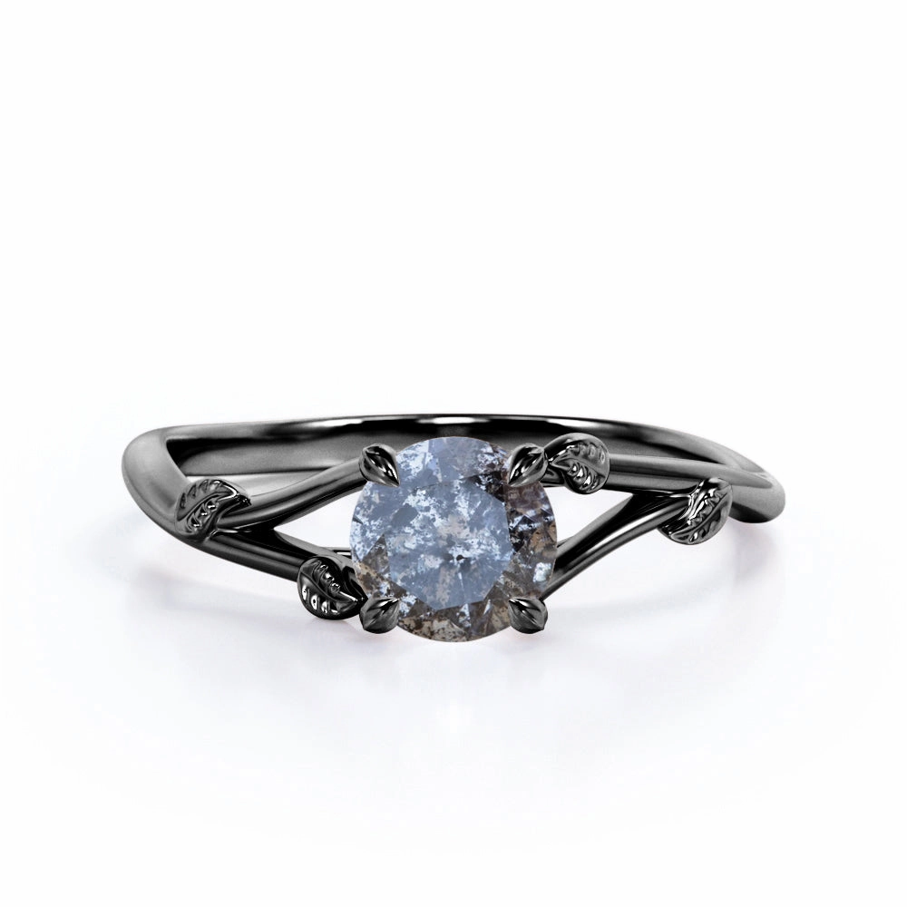 0.33 Ct Round Cut Salt and Pepper Diamond Leaf Engagement Ring Perfect Fit
