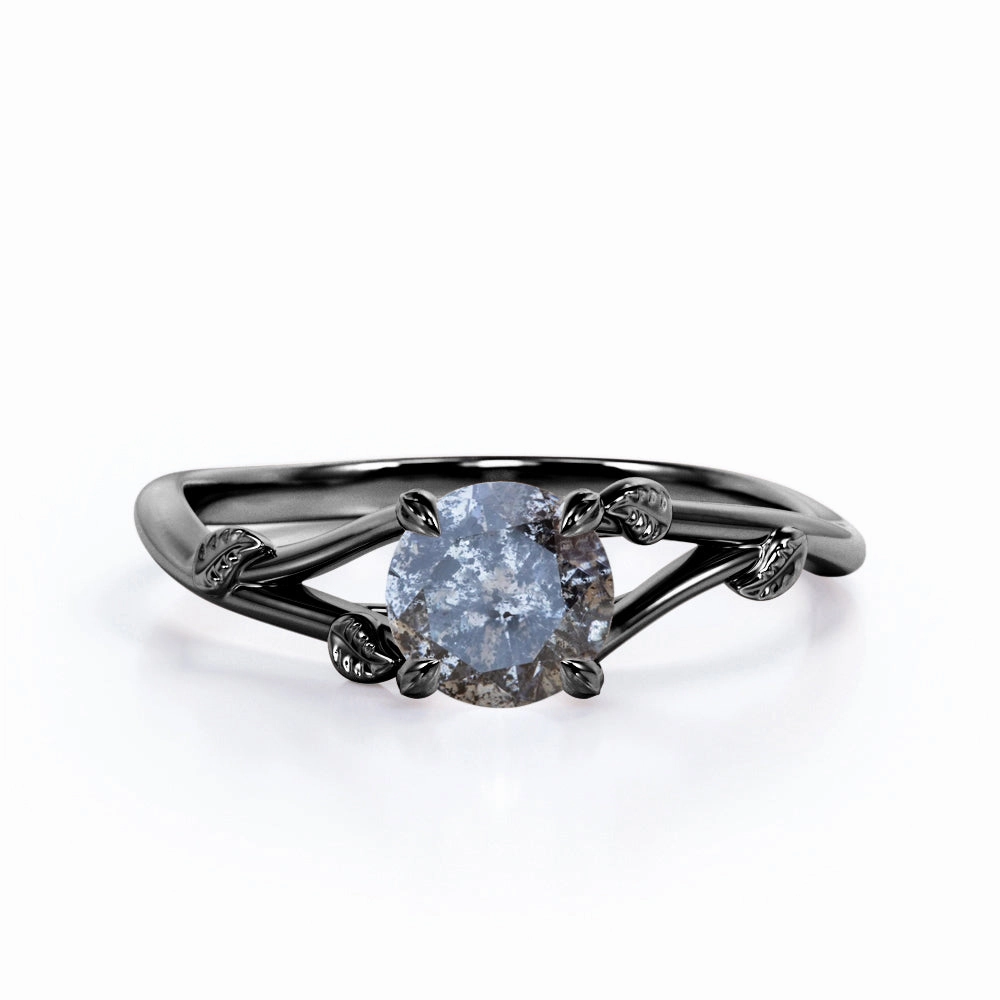 0.33 Ct Round Cut Salt and Pepper Diamond Leaf Engagement Ring High-End Style