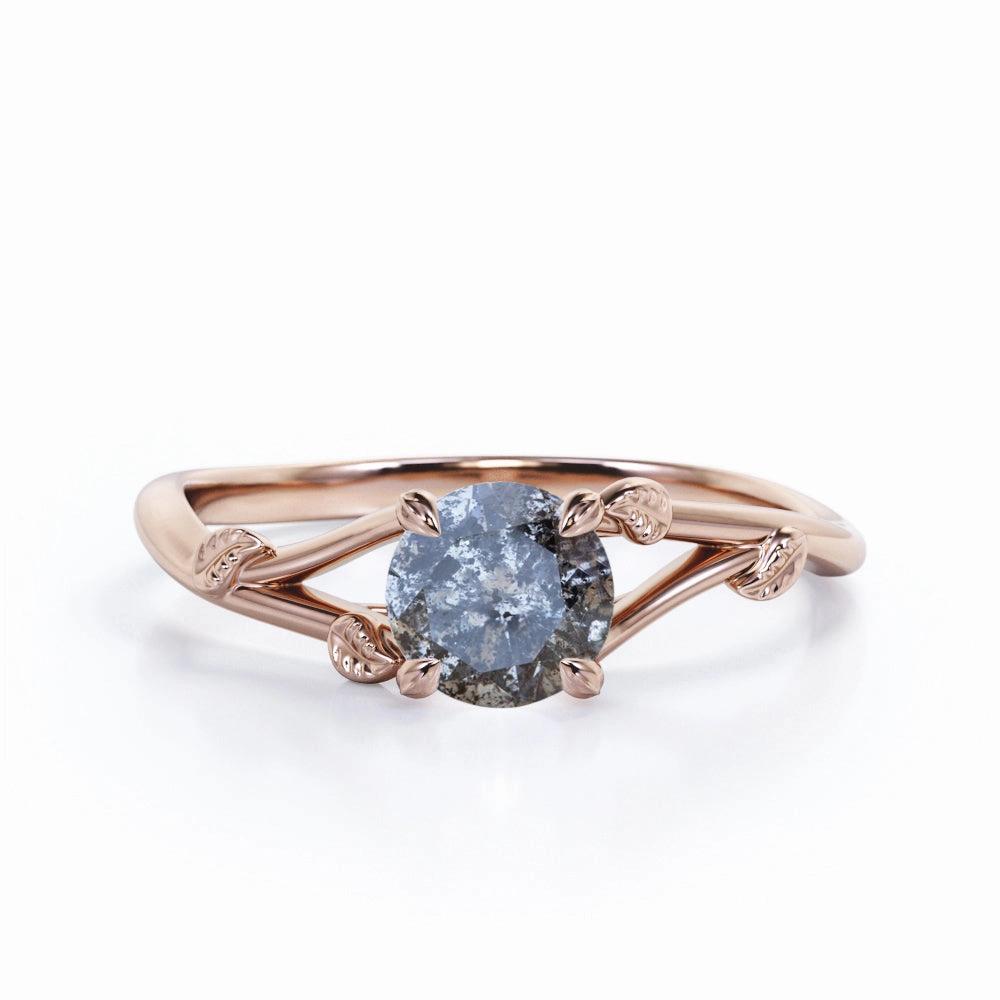 Amazing Work 0.33 Ct Round Cut Salt and Pepper Diamond Leaf Engagement Ring
