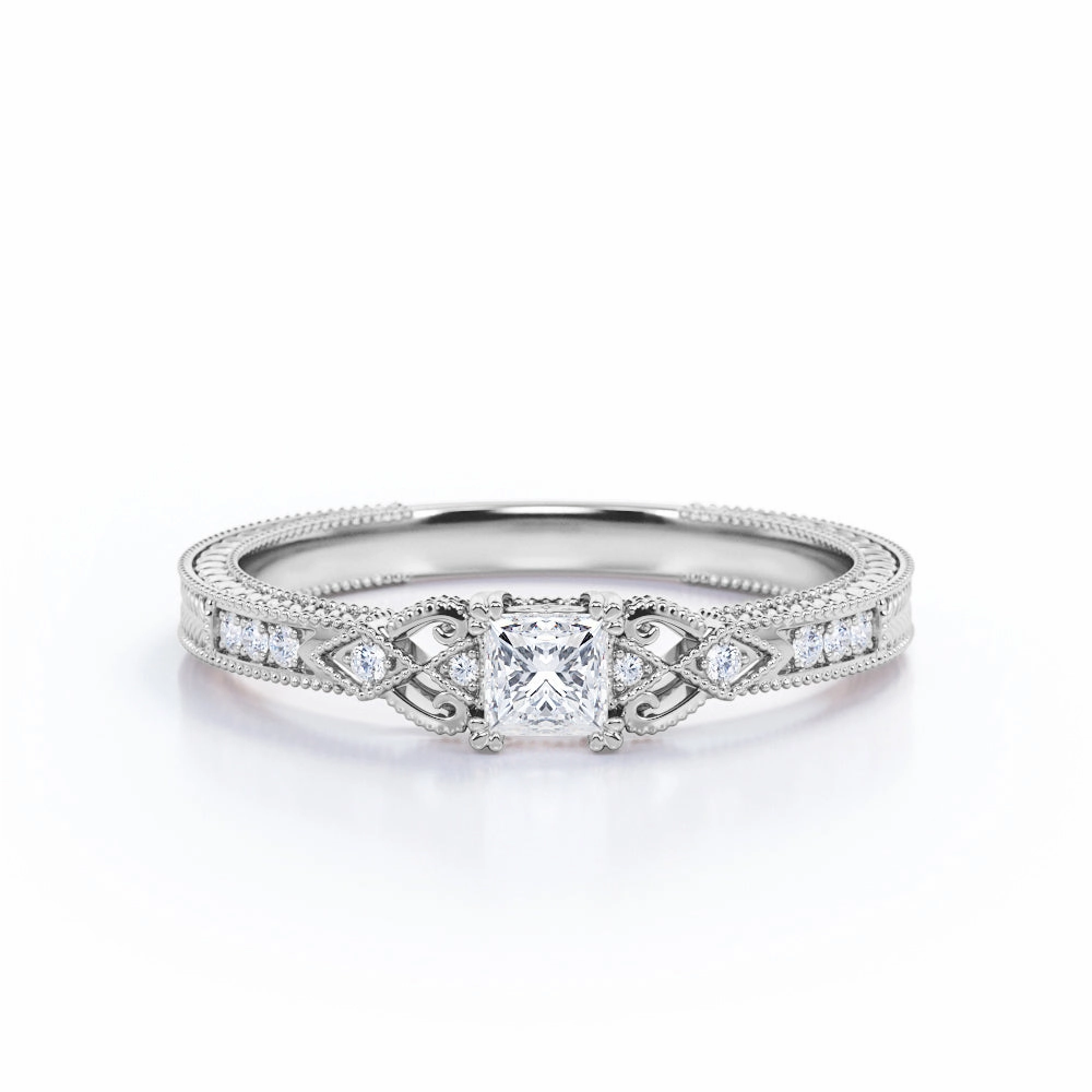 0.35 Carat Princess Cut Diamond Vintage Milgrain Engagement Ring In White Gold Bold Memento Hypoallergenic Adornment