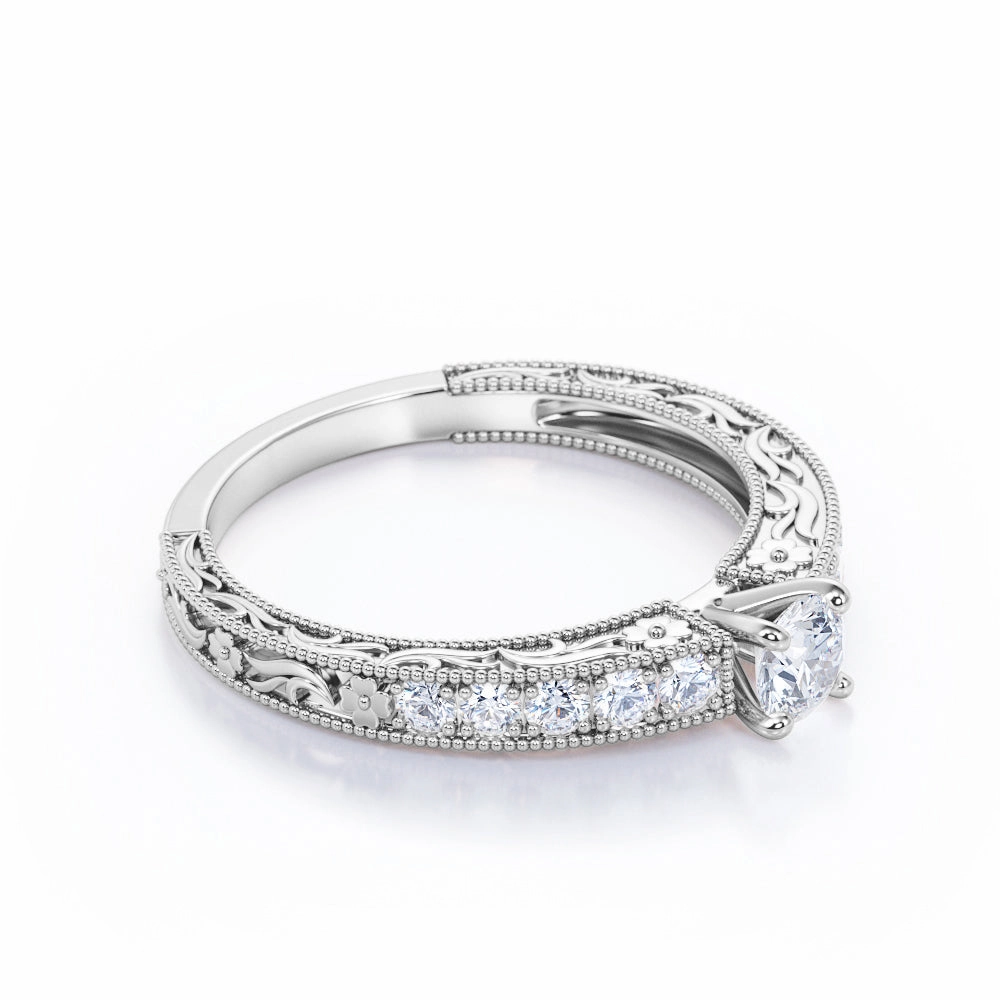0.35 Carat Round Cut Diamond Antique Engagement Ring In White Gold Handcrafted Gift