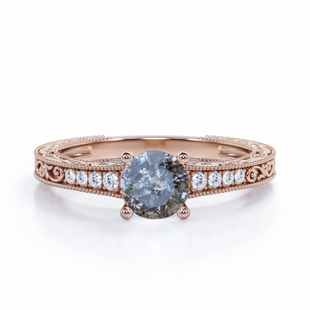 0.45 Ct Round Salt and Pepper Diamond Art Deco Engagement Ring On The Go Comfortable Embellishment