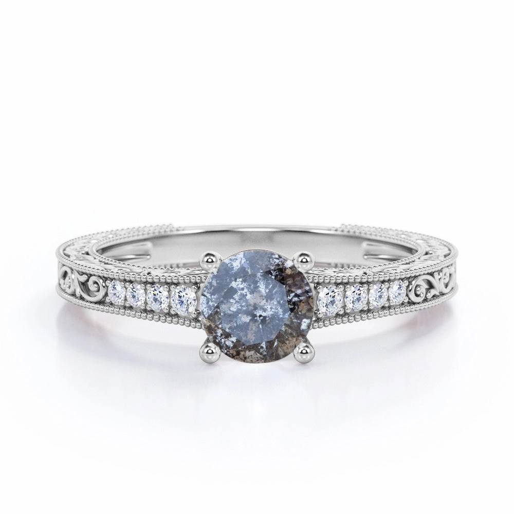 0.45 Ct Round Salt and Pepper Diamond Art Deco Engagement Ring Geometric Pattern