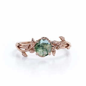 Luxury Object Eternal Adornment 0.50 Carat 4 Prong Round Cut Opaque White Druzy Mossy Green Agate Branch Leaf Design One-Stone Engagement Ring In 18K Rose Gold Plating Over Silver