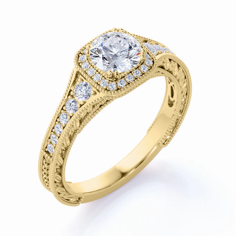 Glamorous Design 0.50 Carat - Round Brilliant Cut Diamond - Vintage - Beaded - Engraved - Halo - Edwardian Engagement Ring - 10K Yellow Gold