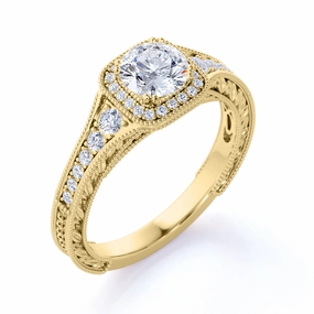 Glamorous Design 0.50 Carat - Round Brilliant Cut Diamond - Vintage - Beaded - Engraved - Halo - Edwardian Engagement Ring - 10K Yellow Gold
