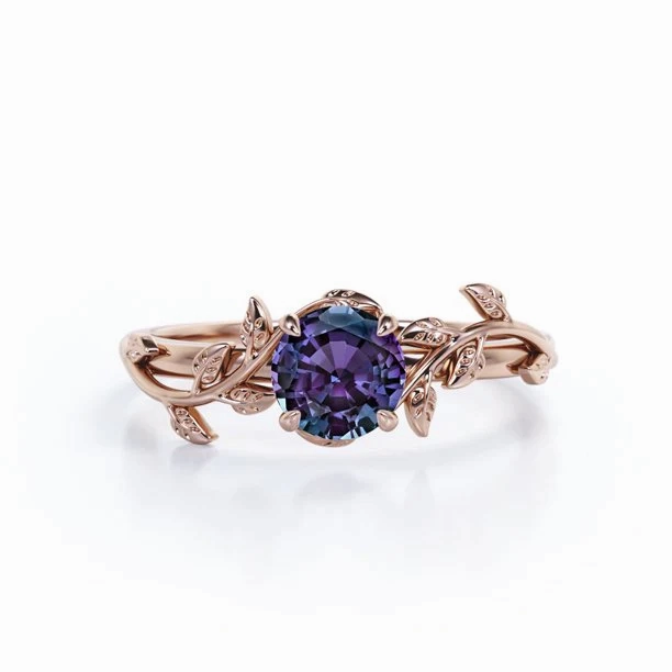 Stylish Object Branded Work 0.50 Carat - Round Cut Lab Created Alexandrite Ring - Leaf & Vine Engagement Ring - 18K Rose Gold Plating Over Silver
