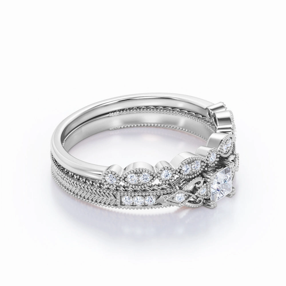 Modern Jewelry Shiny Detail 0.50 Carat Princess Cut Diamond Antique Art Deco Bridal Set In White Gold