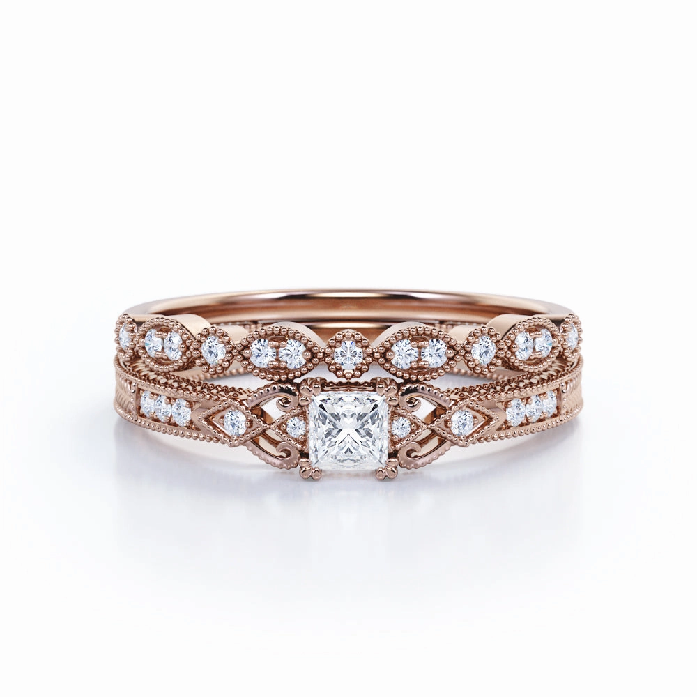 0.50 Carat Princess Cut Diamond Antique Art Deco Bridal Set In White Gold Simple Ornament Anniversary Jewelry