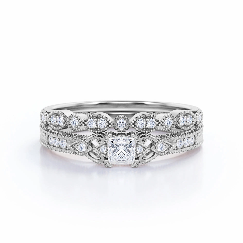 0.50 Carat Princess Cut Diamond Antique Art Deco Bridal Set In White Gold Luxury Accessory