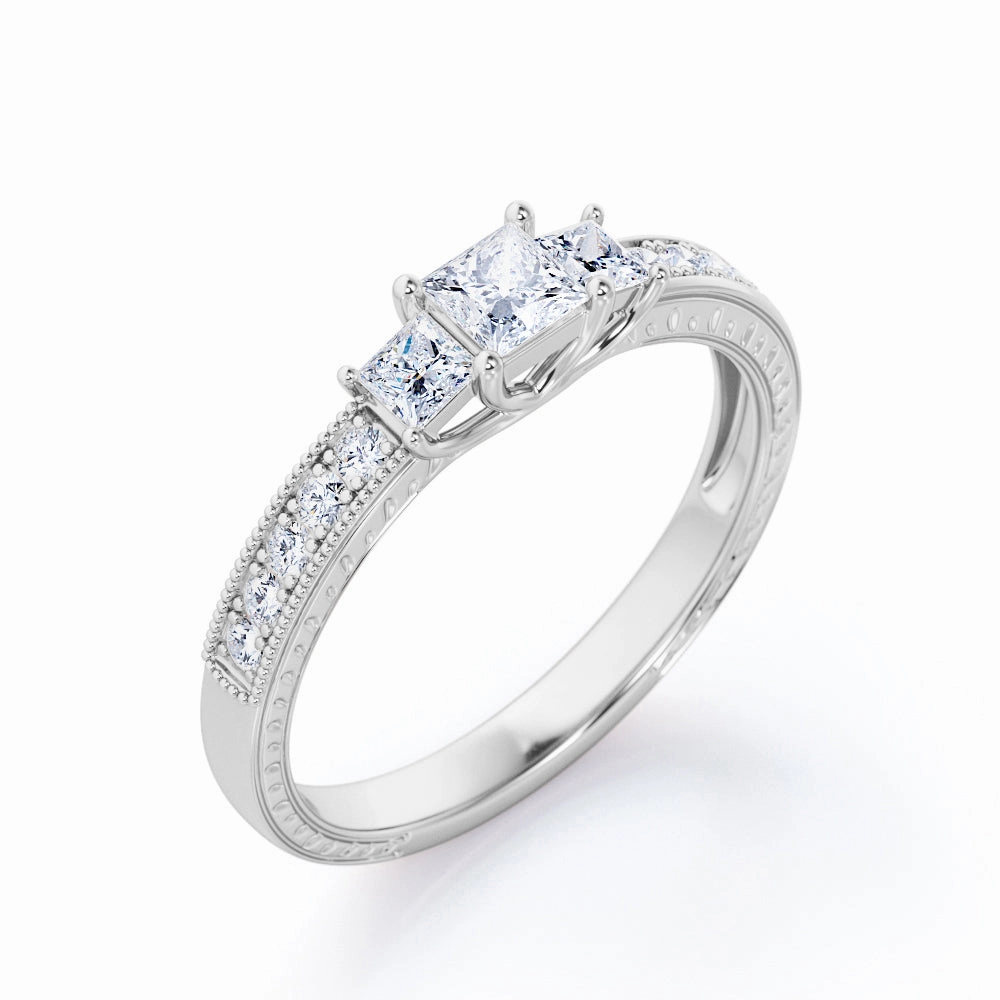 0.50 Ct Princess Cut Diamond Milgrain Engagement Ring Lustrous Finish