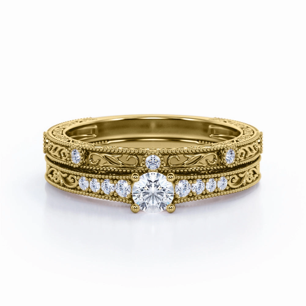 Fine Work 0.50 Ct Round Cut Diamond Vintage Bridal Set