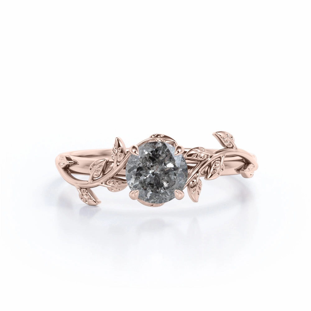 Secure Product 0.50 Ct Round Salt and Pepper Diamond Leaf Engagement Ring