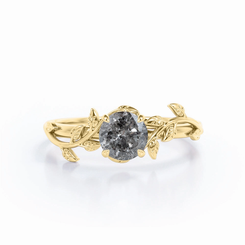 Modern Sign 0.50 Ct Round Salt and Pepper Diamond Leaf Engagement Ring