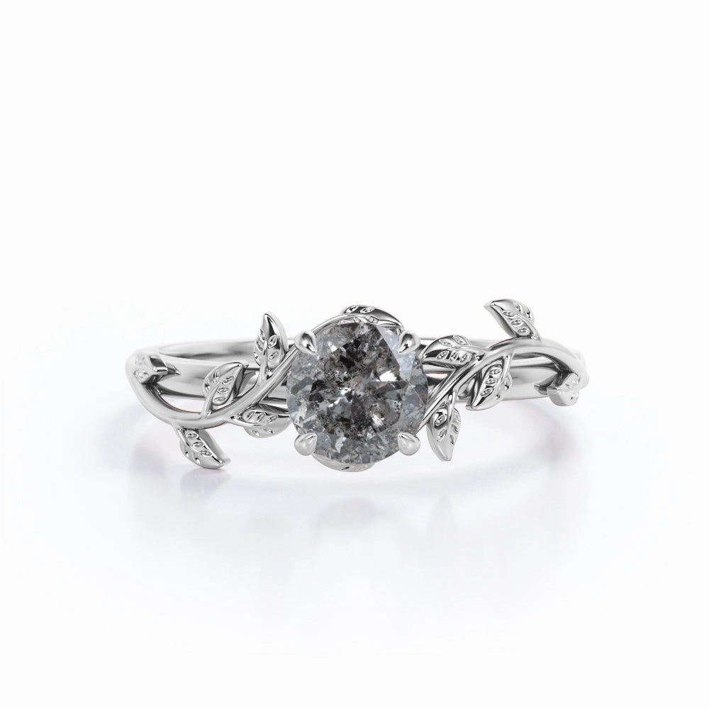0.50 Ct Round Salt and Pepper Diamond Leaf Engagement Ring Holiday Party