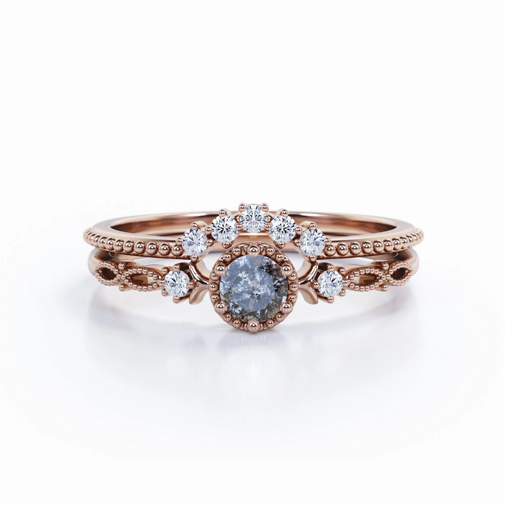 0.53 Ct Round Salt and Pepper Diamond Vintage Wedding Ring Set Family Crest Beautiful Product