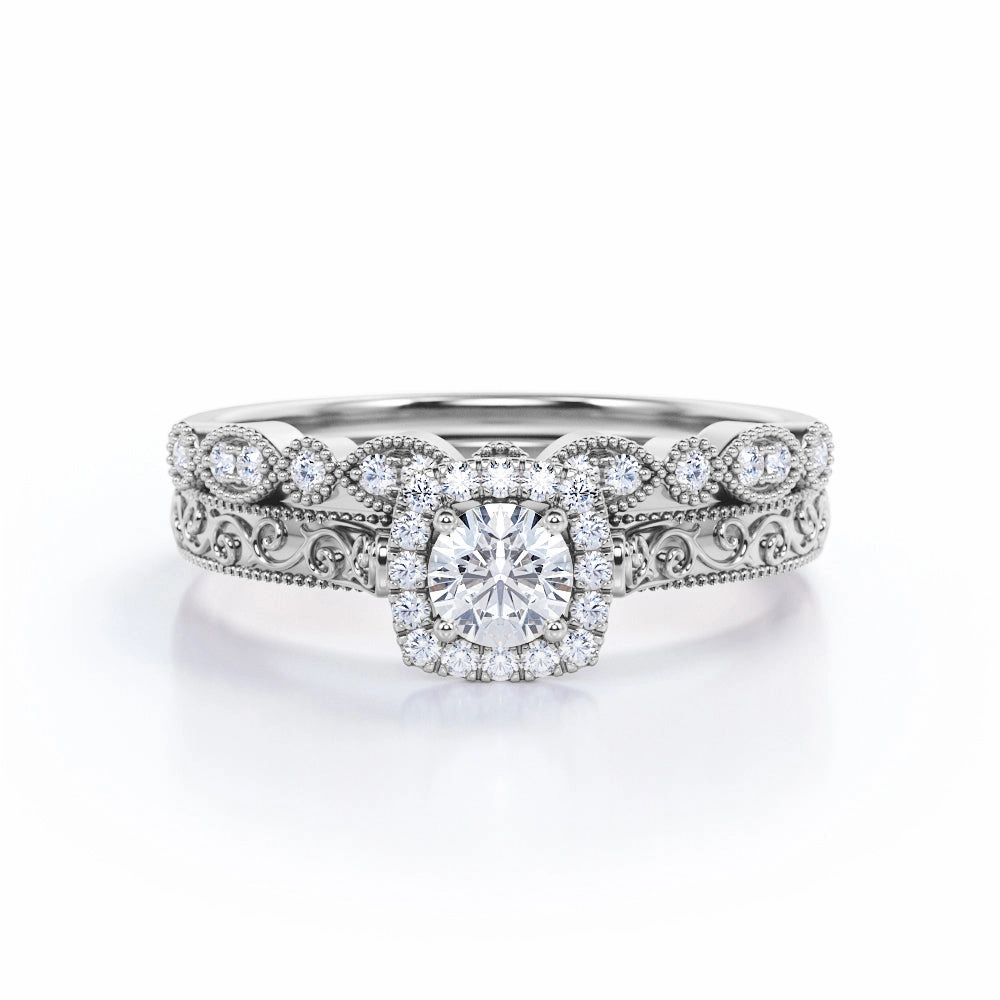 0.55 Carat Round Cut Diamond Antique Art Deco Bridal Set In White Gold Polished Structure
