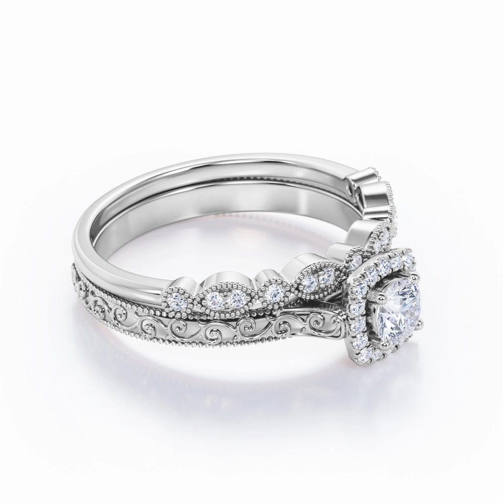Special Gift Unique Trinket 0.55 Carat Round Cut Diamond Antique Art Deco Bridal Set In White Gold