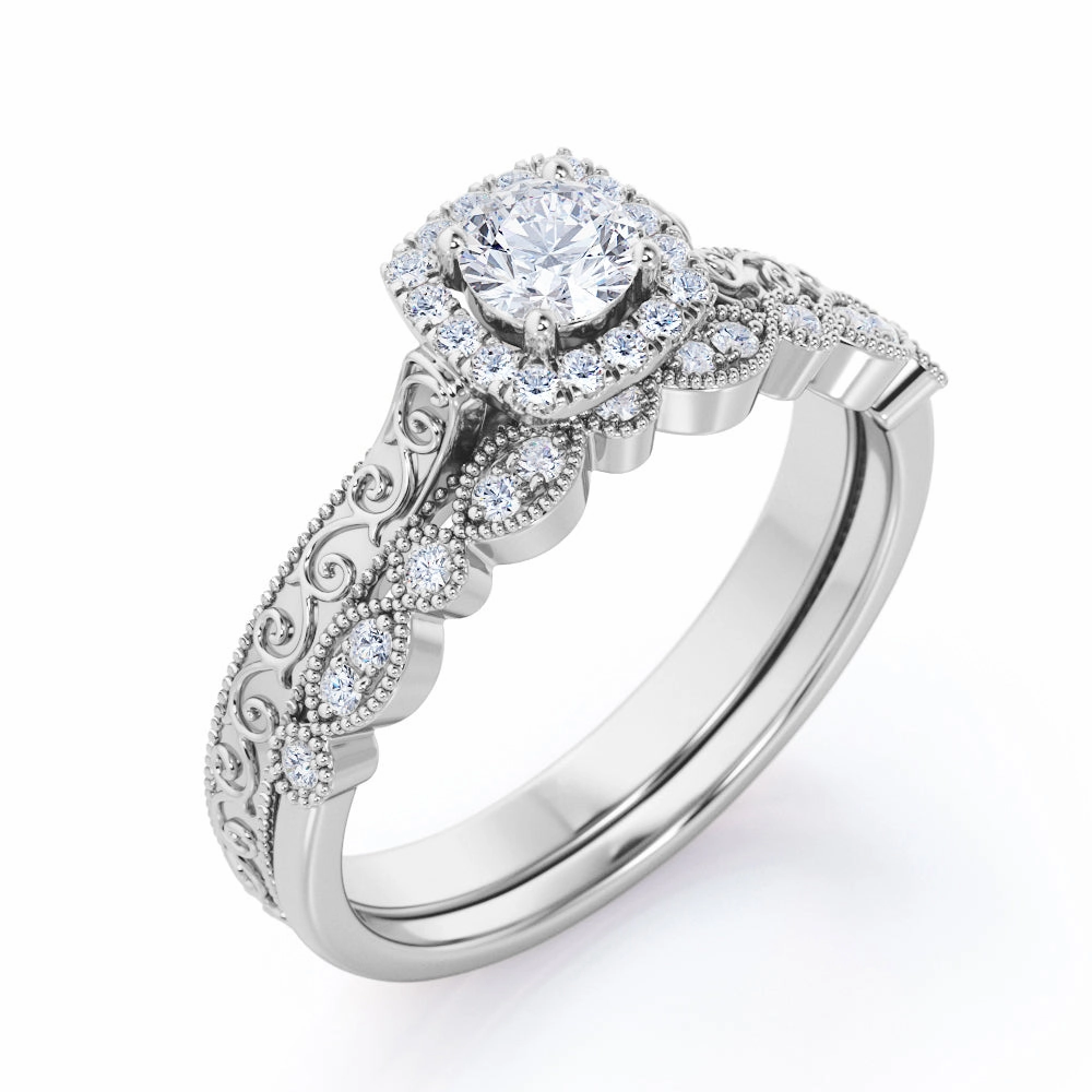 Groomsmen Gift 0.55 Carat Round Cut Diamond Antique Art Deco Bridal Set In White Gold