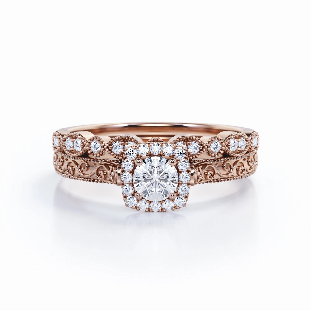 0.55 Carat Round Cut Diamond Antique Art Deco Bridal Set In White Gold Everlasting Beauty State Emblem