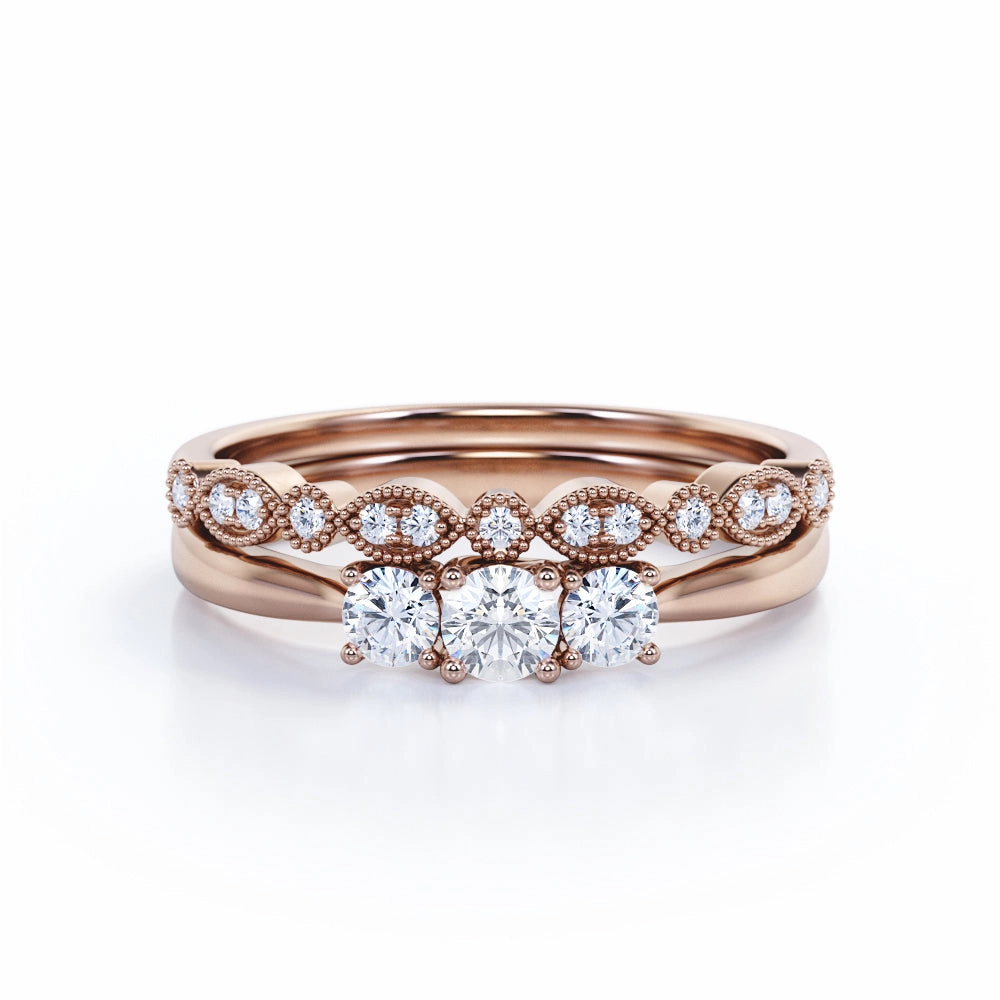 0.55 Carat Round Cut Diamond Trilogy Wedding Ring Set In White Gold Youth Accent Meaningful Symbol