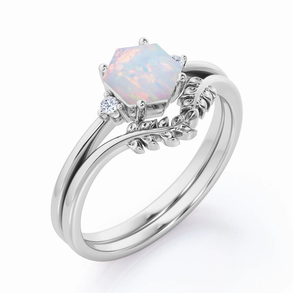 Chic Article HighEnd Symbol 0.55 Ct Hexagon Cut Lab Created Opal Leaf Wedding Ring Set