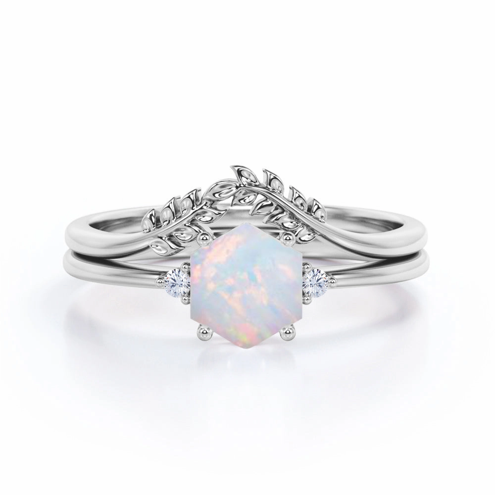 Beautiful Embellishment Premium Article 0.55 Ct Hexagon Cut Lab Created Opal Leaf Wedding Ring Set