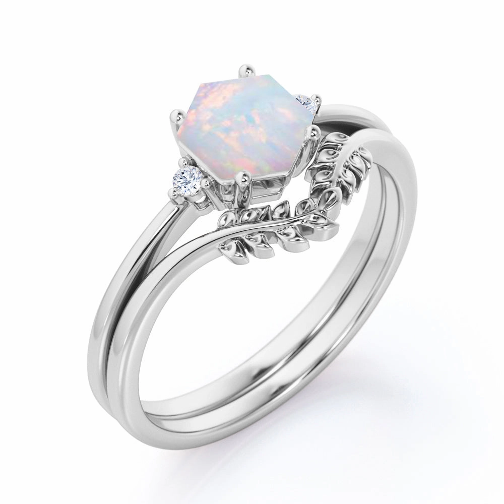 0.55 Ct Hexagon Cut Lab Created Opal Leaf Wedding Ring Set Daywear Style Custom Emblem