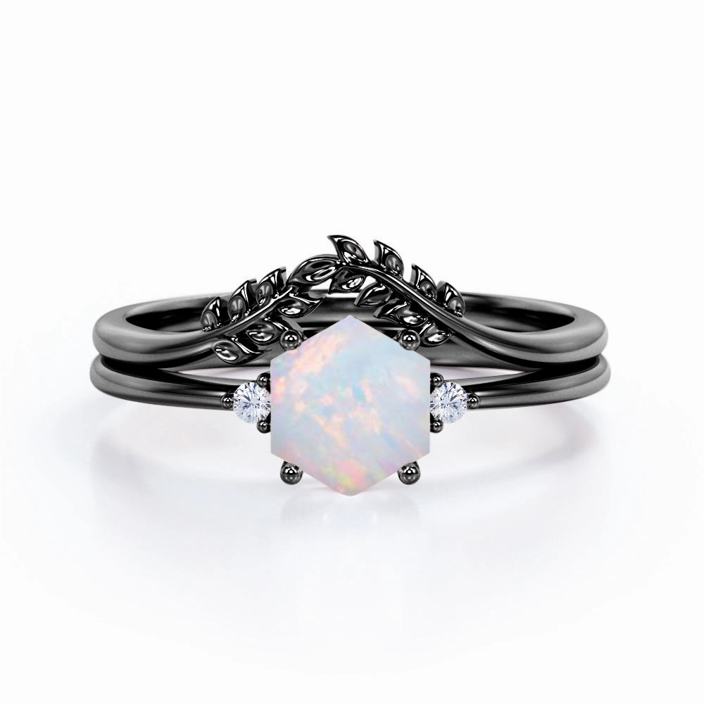 0.55 Ct Hexagon Cut Lab Created Opal Leaf Wedding Ring Set Strong Expression Classic Vibe