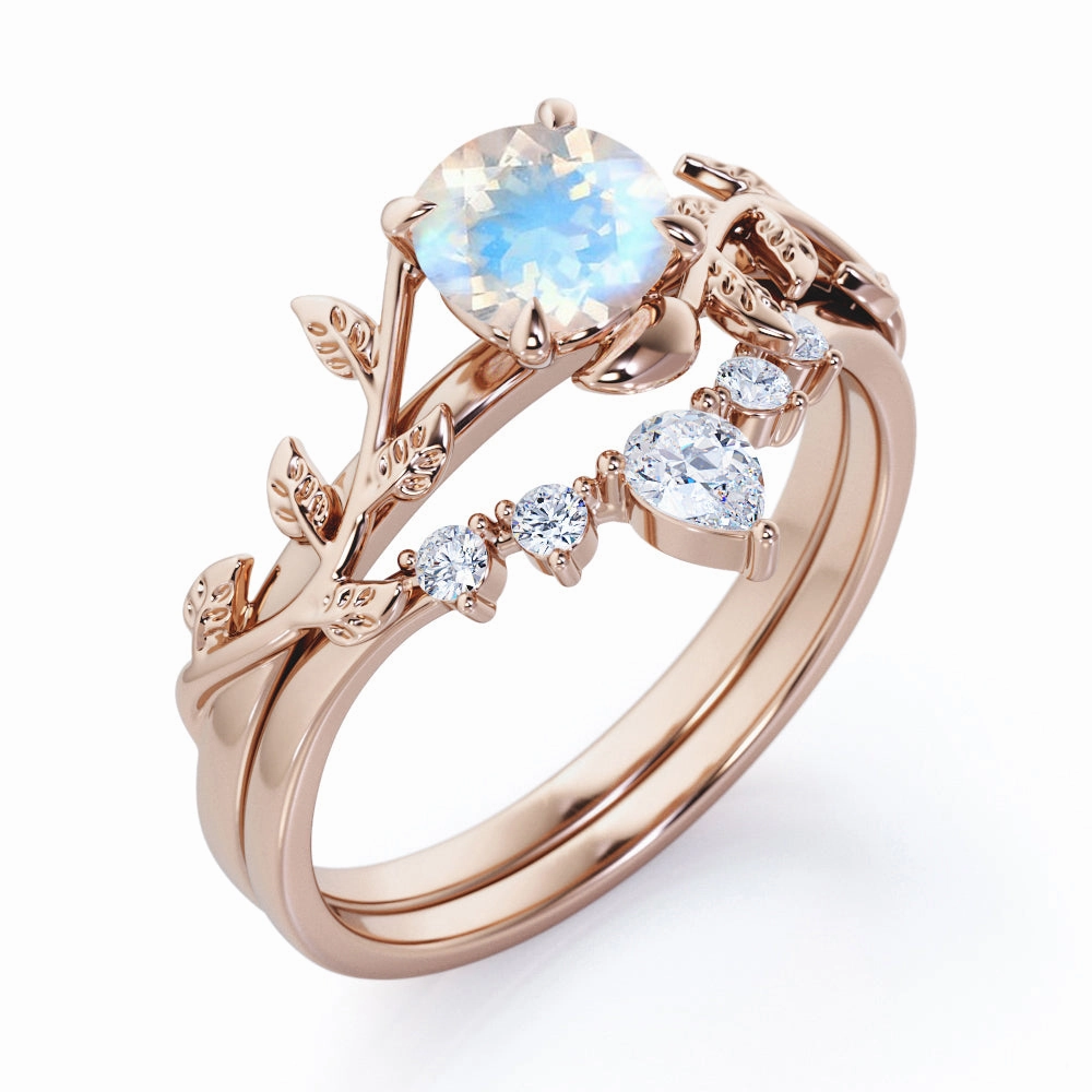 0.55 ct Round Moonstone Nature-Inspired Bridal Set Coordinated Group Light Feel