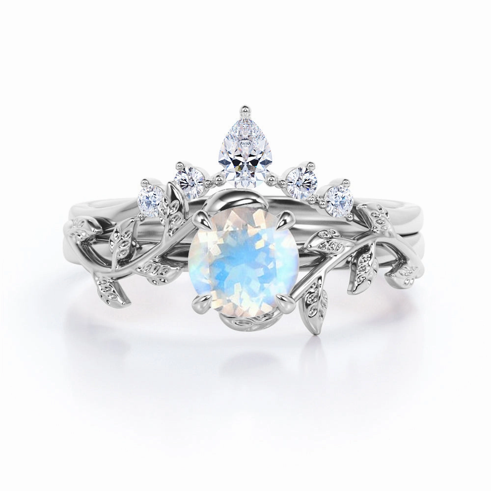 0.55 ct Round Moonstone Nature-Inspired Bridal Set Subtle Mood