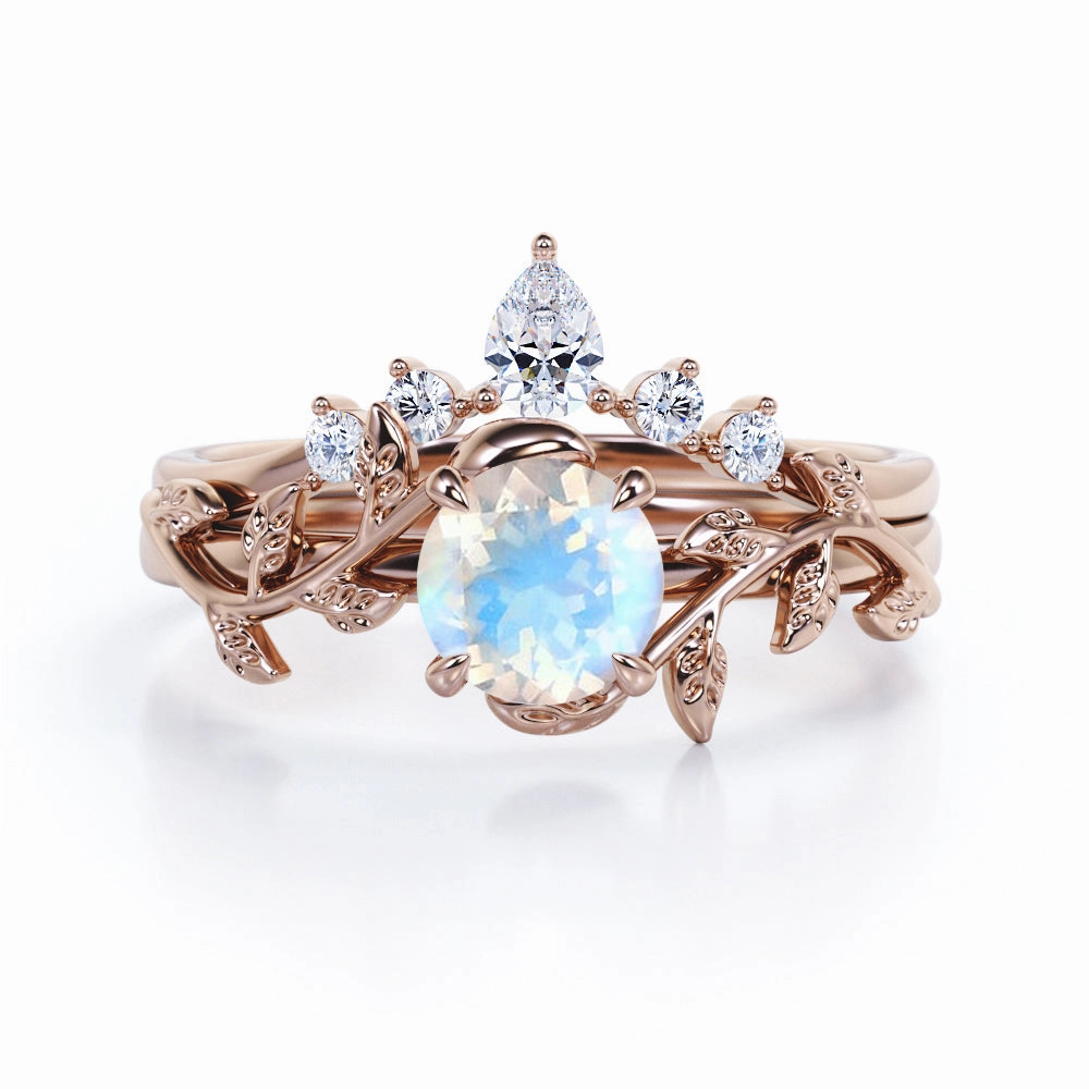0.55 ct Round Moonstone Nature-Inspired Bridal Set Ensemble Piece
