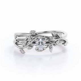 Daytime Elegance Baroque Influence 0.5 Carat 4-Prong-Set Leaf Vine Design Round Cut Moissanite Solitaire Wedding Ring Set in 18K White Gold Plating Over Silver