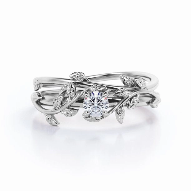 Daytime Elegance Baroque Influence 0.5 Carat 4-Prong-Set Leaf Vine Design Round Cut Moissanite Solitaire Wedding Ring Set in 18K White Gold Plating Over Silver