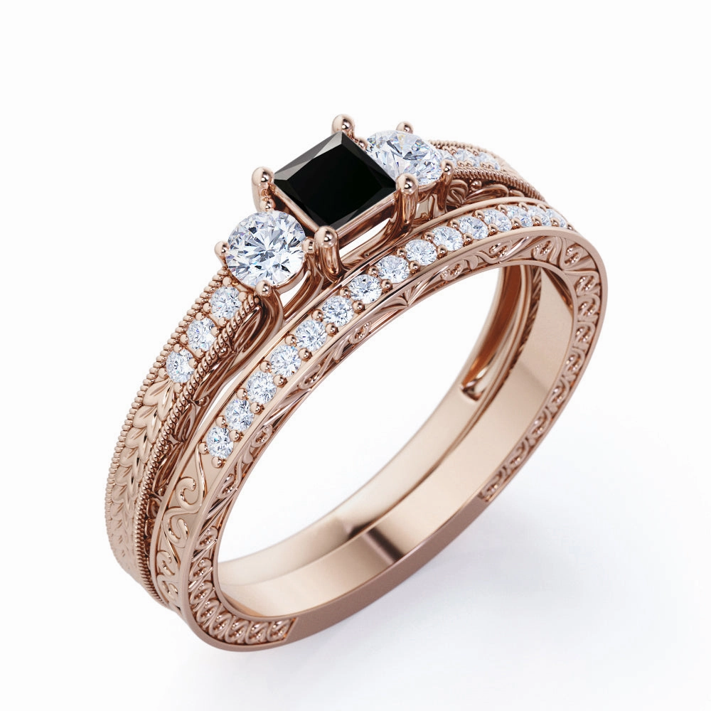 0.5 ct Princess Lab Black Diamond Vintage Bridal Set Unique Token Superior Item