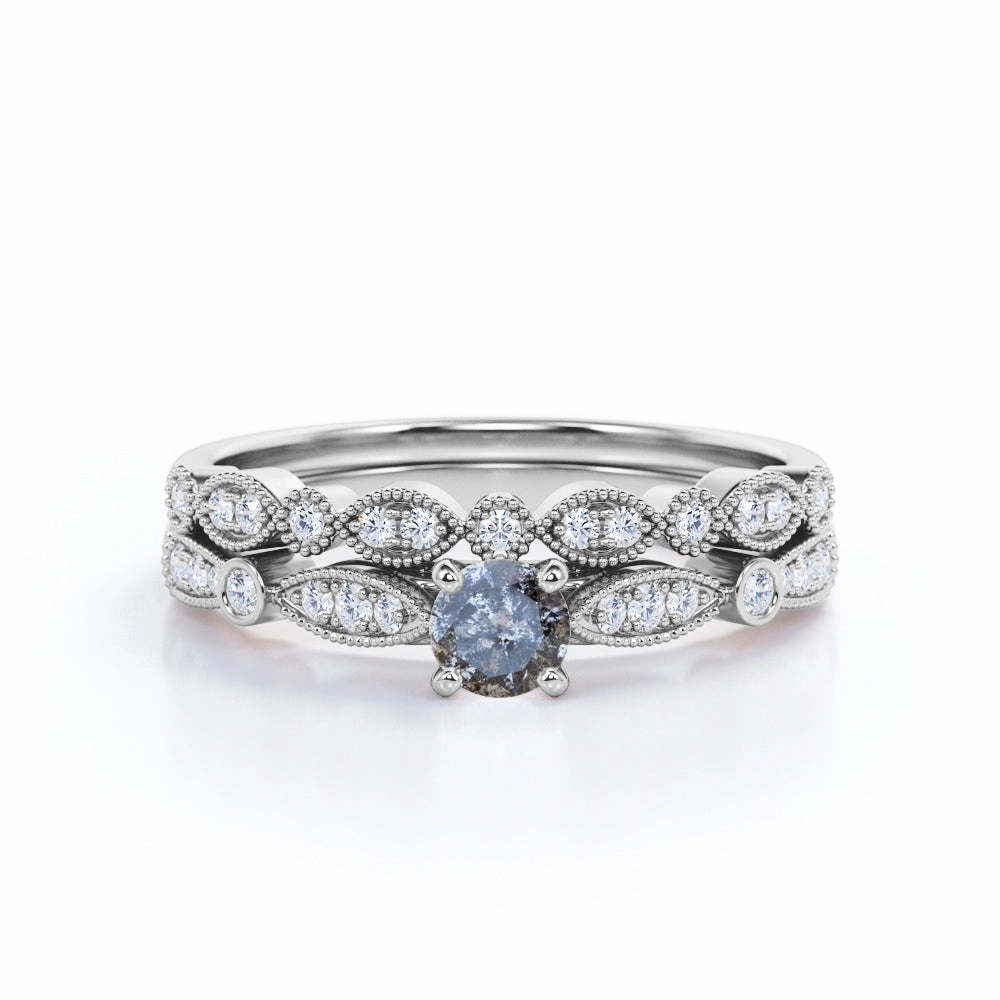 Baroque Influence Special Accent 0.60 Ct Round Salt and Pepper Diamond Art Deco Wedding Ring Set