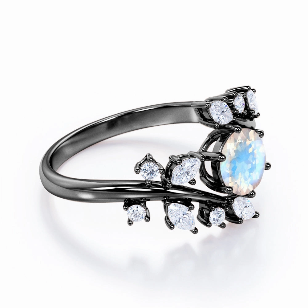 0.6 ct Round Moonstone Shank Leaf Engagement Ring Tarnish Proof Oval Design