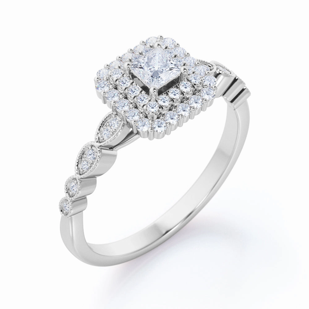 0.75 Carat Princess Cut Diamond Double Halo Cluster Engagement Ring In White Gold Perfect Fit