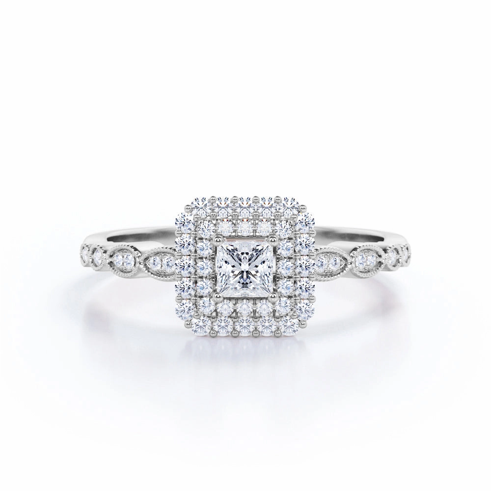 Delicate Token DIY project 0.75 Carat Princess Cut Diamond Double Halo Cluster Engagement Ring In White Gold