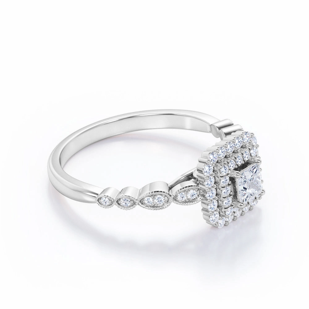 0.75 Carat Princess Cut Diamond Double Halo Cluster Engagement Ring In White Gold Heavyweight Feel
