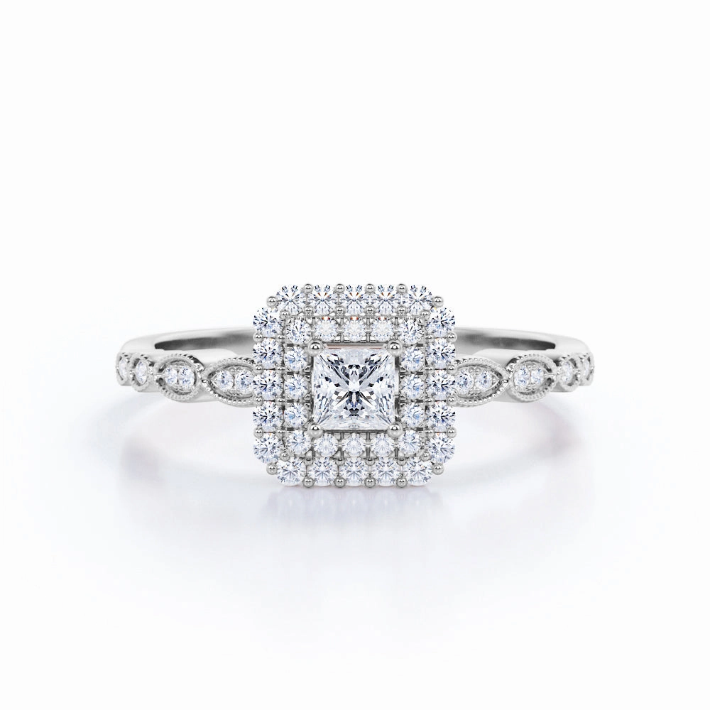 0.75 Carat Princess Cut Diamond Double Halo Cluster Engagement Ring In White Gold Classic Finish