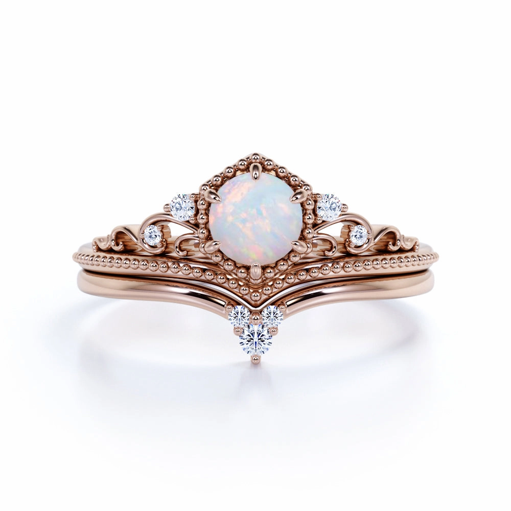0.75 Ct Round Cut Lab Created Opal Crown Wedding Ring Set Sweet Present Minimalist Gift