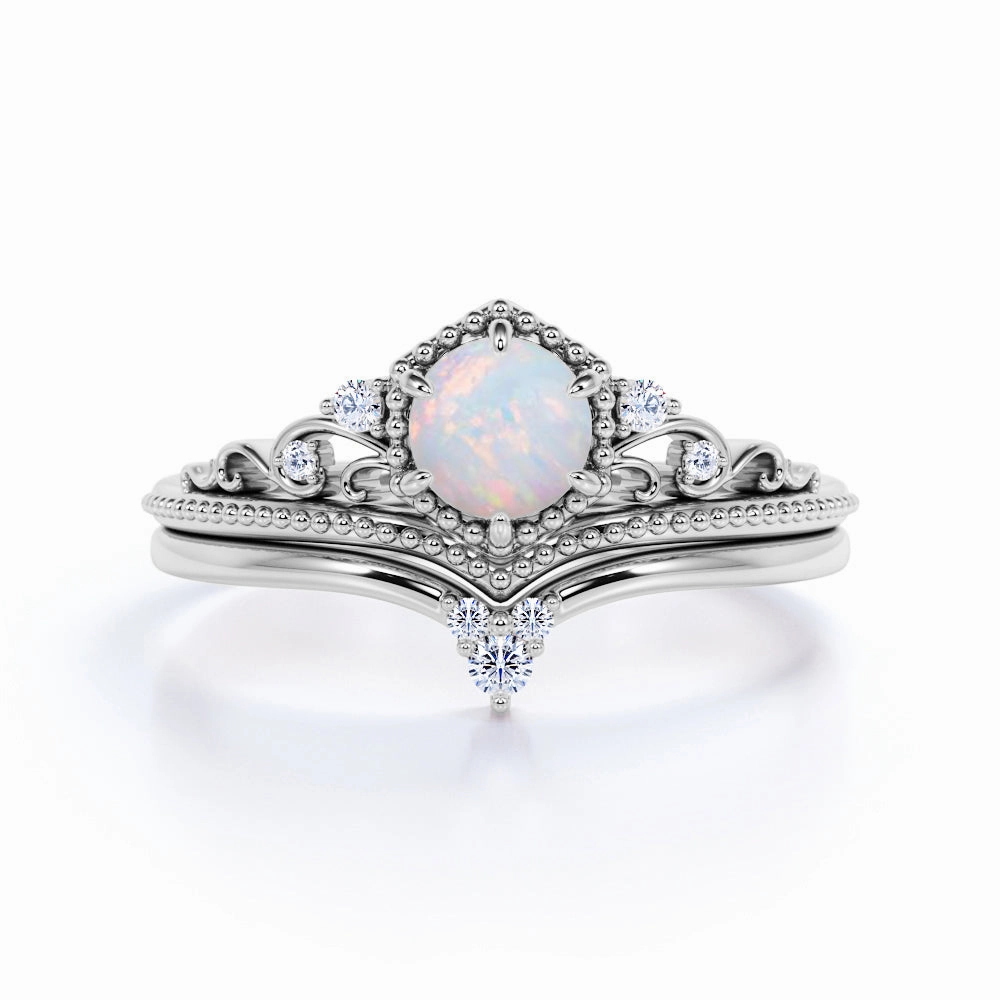 0.75 Ct Round Cut Lab Created Opal Crown Wedding Ring Set Quality Craft