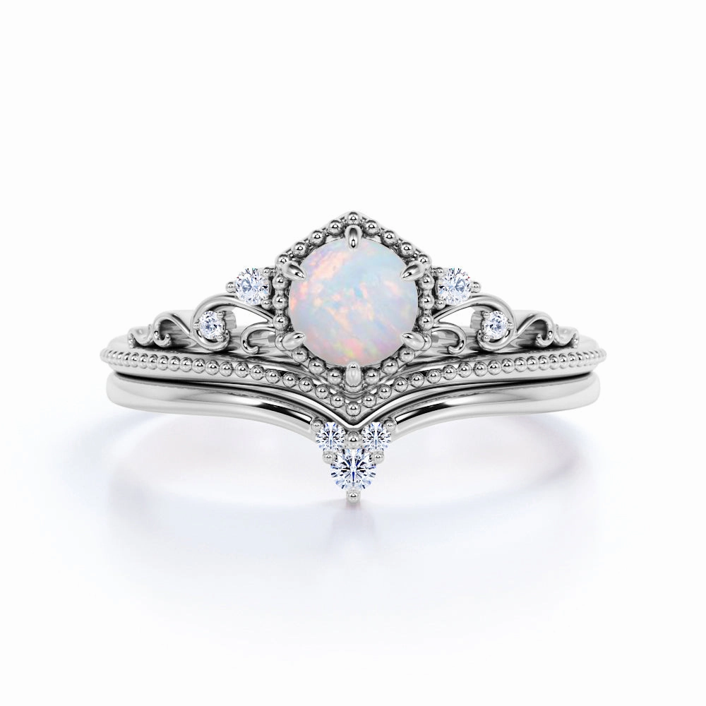 0.75 Ct Round Cut Lab Created Opal Crown Wedding Ring Set Classic Adornment Fire Proof