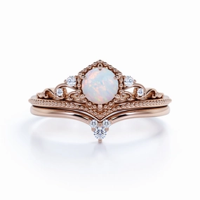 0.75 Ct Round Cut Lab Created Opal Crown Wedding Ring Set Everyday Durability
