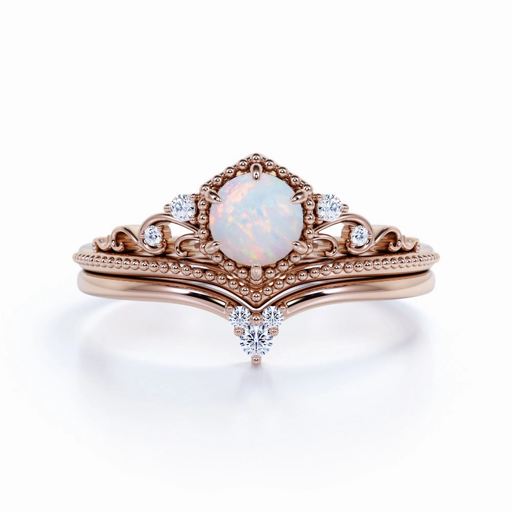 Sentimental Work Gift wrapping 0.75 Ct Round Cut Lab Created Opal Crown Wedding Ring Set