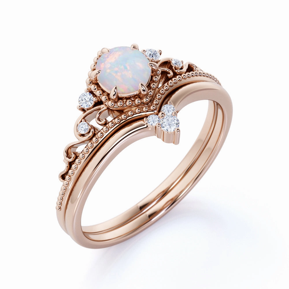 0.75 Ct Round Cut Lab Created Opal Crown Wedding Ring Set Custom Embellishment Handcrafted Object