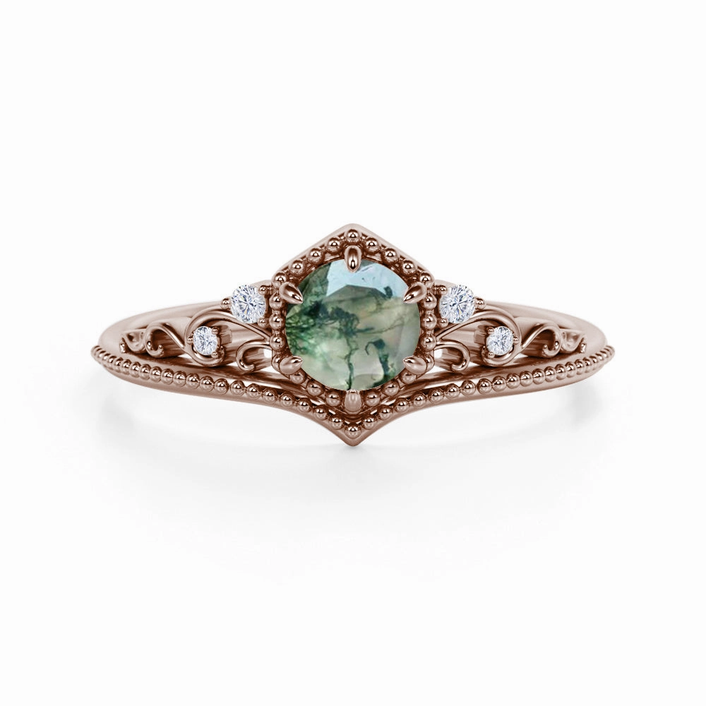 0.75 Ct Round Green Moss Agate Vintage Engagement Ring Simple Piece