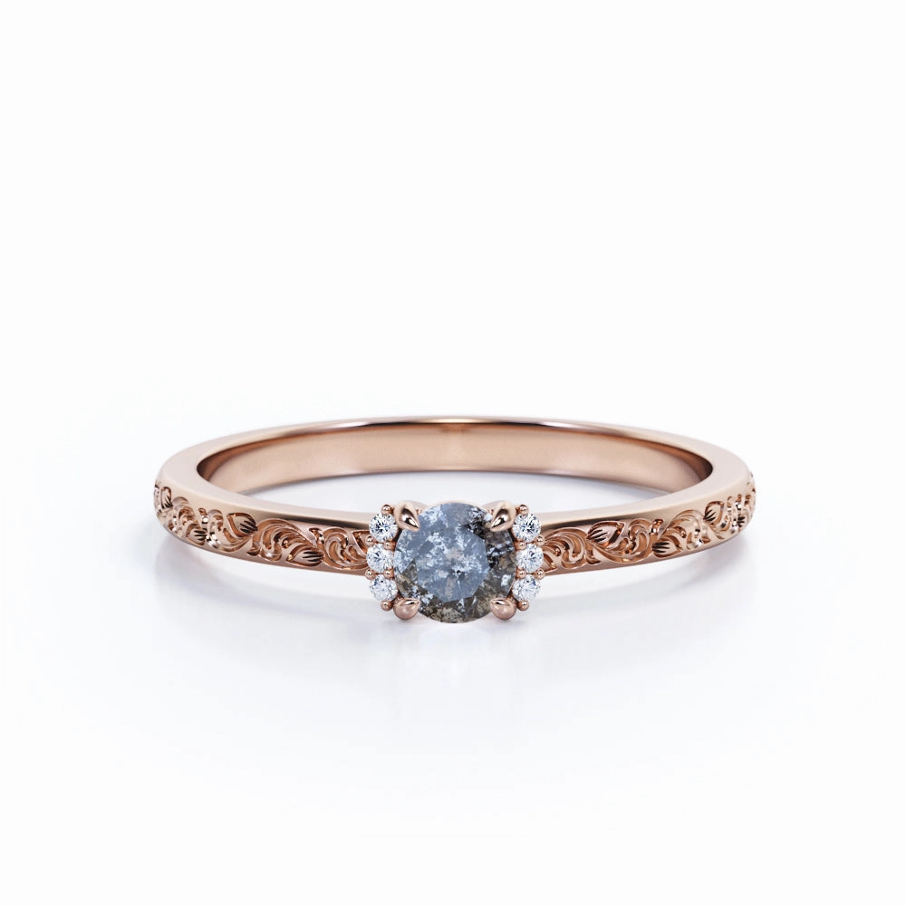 Graceful Gift Subtle Look 0.75 Ct Round Salt and Pepper Diamond Art Deco Engagement Ring